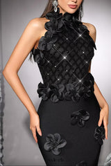 phoenix 3d flower sequin halter bandage maxi dress in black