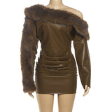 sibyl Leather fur collar asymmetrical mini dress in brown