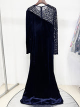 riva crystal patchwork Velvet Column maxi Dress in dark blue