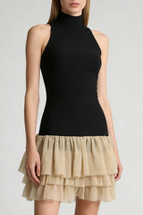 cynthia black ruched trim sleeveless puffy mini dress