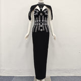sibyl black Shawl-embellished diamond bandage maxi dress