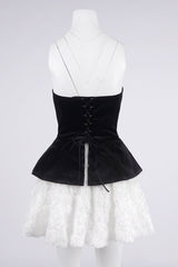 Petal-layered velvet top mini skirt suit without glove - black/white