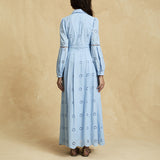 retro single-breasted hollow lace midi dress in blue