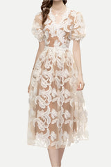 alisa mesh embroidered puff sleeves midi dress in beige