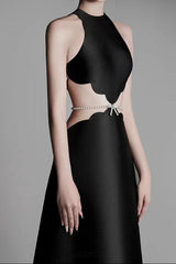 anila pearl chain embellished midi dress in black