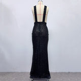 rebecca bow sequin embellished v neck maxi dress in black