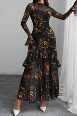 pandora Black Floral Mesh Ruffle Maxi Dress