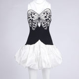 Butterfly Embroidered Bodice Puffball mini Dress in black