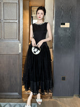 mandy black pearl neck sleeveless puffy maxi Dress