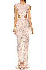 vivien flower sequin cutout maxi dress in apricot