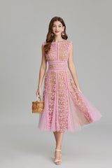 phoenix 3d Embroidered lace mesh midi dress in pink