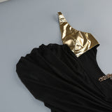 elvira one-shoulder Metal chain decoration maxi dress in black