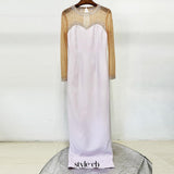pink mesh splicing bead long dress with diamonds