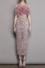 audrey pink feather top sequin Midi Skirt set