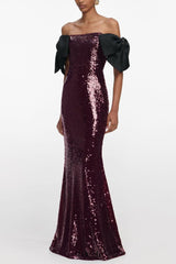 jessie Bow Detail Bardot Sequin Maxi Dress In burgundy