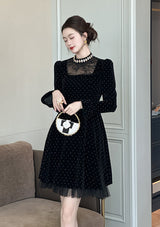 wendy Polka dots long sleeve velvet mini dress in black