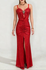 bertha high slit pleated sequin maxi dress in red