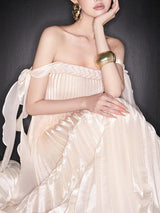 quintina Off Shoulder Pleated Maxi Dress in apricot