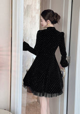 wendy Polka dots long sleeve velvet mini dress in black