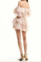 delia ruffle embellished mini dress in beige