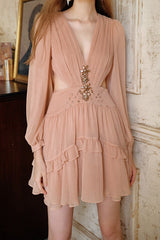jessica champagne pink chiffon rhinestone embellished mini dress