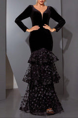 eunice black flower appliqué fishtail layer velvet maxi dress