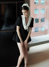 v neck white 3d flower Jumpsuit in black