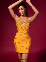 louise yellow Butterfly Embellished Bandage Mini Dress