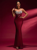 tina off-shoulder Crystal Applique Bandage Mermaid Gown in burgundy