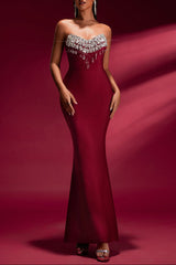tina off-shoulder Crystal Applique Bandage Mermaid Gown in burgundy