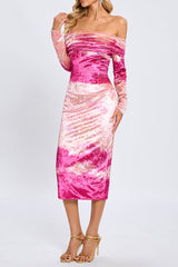 donna pink Off-shoulder Print Velvet long sleeve Midi Dress