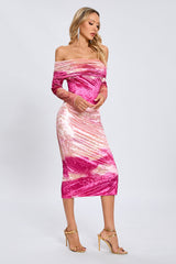 donna pink Off-shoulder Print Velvet long sleeve Midi Dress