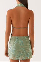 Cowl Neck Beaded Mini Dress In Mint