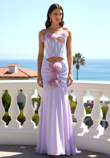 sigrid 3d flower strapless fishtail maxi dress in purple
