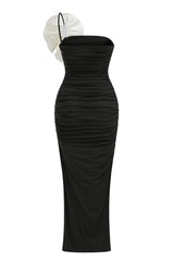 judy One Shoulder Peony Ruffle Gown in black