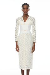 kimberley white v-neck lace patchwork midi dress