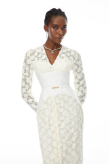 kimberley white v-neck lace patchwork midi dress