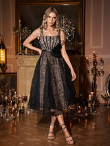 dora 3d flower Square Neck Lace Midi Dress in black