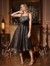 dora 3d flower Square Neck Lace Midi Dress in black