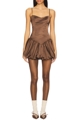 Ottoia Satin Puffy Mini Dress - Brown
