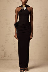 tammy Metal 3D Flower Hooded Midi Dress in black