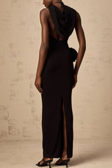 tammy Metal 3D Flower Hooded Midi Dress in black