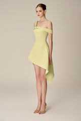 anila Asymmetric Off-Shoulder Mini Dress in Nuggets Green