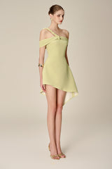 anila Asymmetric Off-Shoulder Mini Dress in Nuggets Green