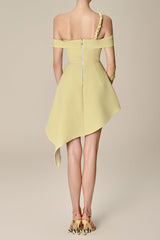 anila Asymmetric Off-Shoulder Mini Dress in Nuggets Green