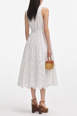 elsie White Cotton Broderie Collared Midi Dress