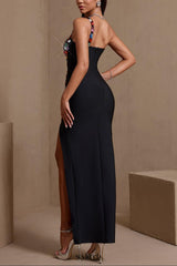 vanessa Colorful Diamond Side Slit Bandage maxi Dress in black