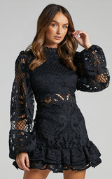 Long Puff Sleeve Lace Mini Dress