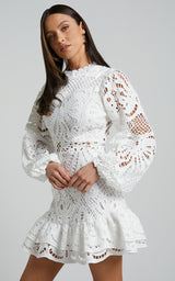 Long Puff Sleeve Lace Mini Dress