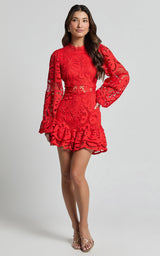 Long Puff Sleeve Lace Mini Dress